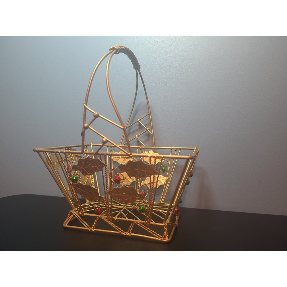 Gold Wire Christmas Basket W/ Red And Green Shiny Accents 7"x5"x9" Storage‎
